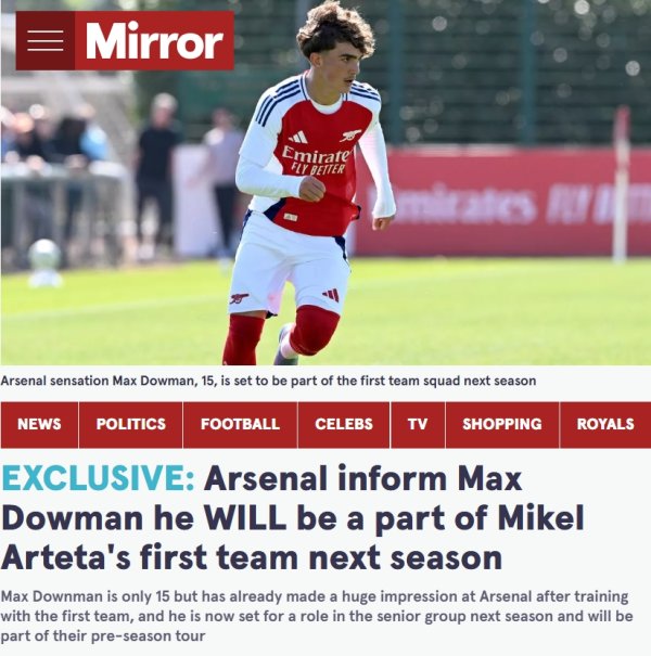 Children s Prodigy Enters the Factory 🚨 Mirror Exclusive: Arsenal has notified 15-year-old Daoman to enter the first team next season